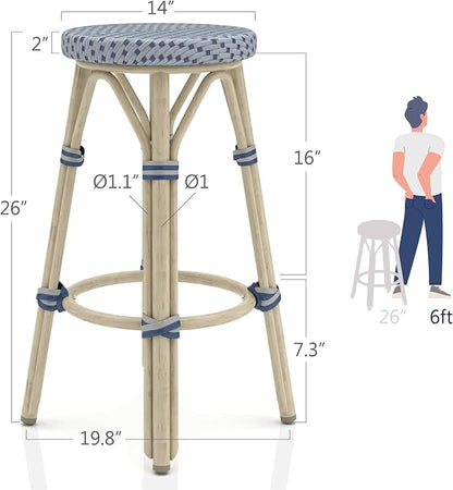 Seadrift Boho 26-inch Aluminum and All-Weather Wicker Barstools with Footrest, Patio Stools & Bar Chairs for Outdoor, Kitchen Counter, Poolside, Yard, Set of 2, Gray and Navy Blue