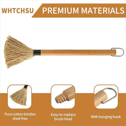 18.3 Inch BBQ Mop Brushes for Sauce, Grill Basting Mop Wooden Long Handle BBQ Mop with 1 Extra Replacement Heads for BBQ Grilling Smoking Steak