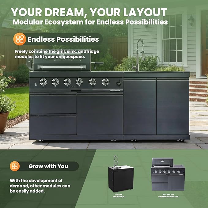 Outdoor Gas Grill Island with Freestanding Side Burner,4-Burner 72,000 BTU BBQ Grill,Infrared Grill,Granite Countertop & Sink,Stainless Steel Outdoor Kitchen.(Black+79in)
