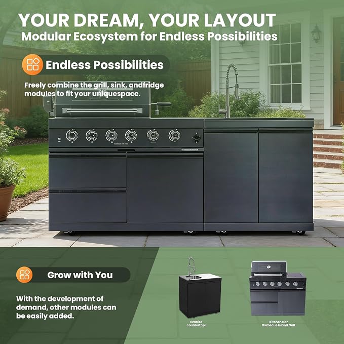 79" Rolling Outdoor Kitchen Island with Built-In 4-Burner 72,000 BTU Stainless Steel Propane Grill & Rotisserie Oven, Featuring Granite Countertops and Stainless Steel Sink.(Black + Sink, Propane Gas)