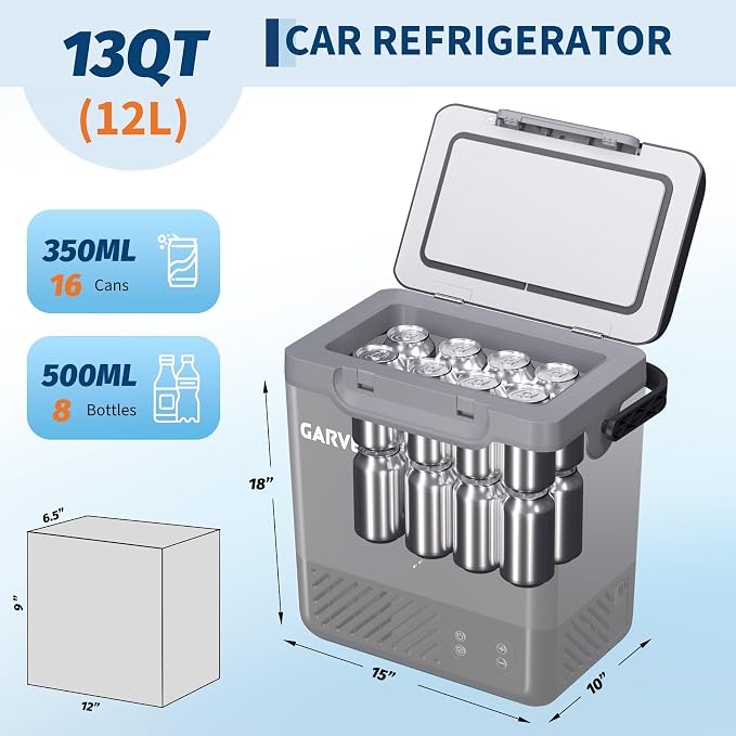 12 Volt Refrigerator, 13QT 12V Car Fridge, Portable Freezer Compressor Electric Cooler, 12/24V DC 110-240V AC, Portable Refrigerator for RV/Truck/Camping, -4°F to 68°F Internal Battery (Not Included)