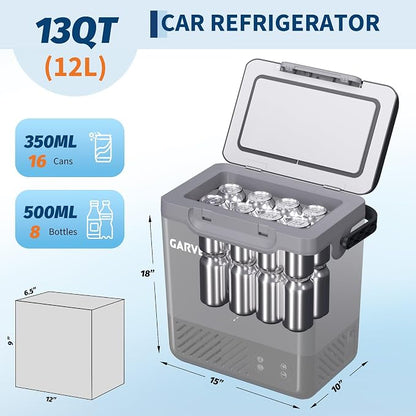 12 Volt Refrigerator, 13QT 12V Car Fridge, Portable Freezer Compressor Electric Cooler, 12/24V DC 110-240V AC, Portable Refrigerator for RV/Truck/Camping, -4°F to 68°F Internal Battery (Not Included)