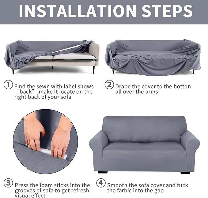Peryiter 3 Pcs Couch and Loveseat Sofa Covers,Light Gray,Milk Silk | Armchair Covers for Living Room, Sofa Cushion Slipcover, Furniture Protector, Polyester and Spandex, Washable