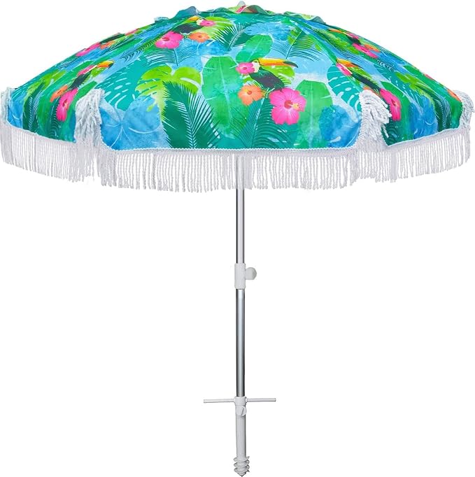 AMMSUN 6.5ft Tropical Fringe Beach Umbrella with Sand Anchor,Tilt,Air Vent | Heavy Duty High Wind Sun Shade Umbrellas,UPF50+,Portable Carry Bag,Windproof,for Sand Patio Garden Pool Backyard Outdoors