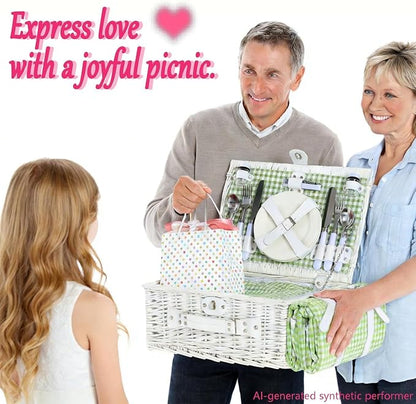 Wicker Picnic Basket Set for 4, Blanket, Cooler Bag, Green Plaid | Four-Person Wicker Set Includes Tableware, Insulated Food Storage and Waterproof Blanket for Parks, Camping, Dates and Gifts