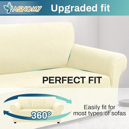 Asnomy Stretch Couch Covers Washable, loveseat Covers Slipcovers,Off-White | 1-Piece Sofa Cover(55"-78") loveseat cover Furniture Protector Soft Jacquard,Non-Slip Elastic Bottom for Dogs & Kids