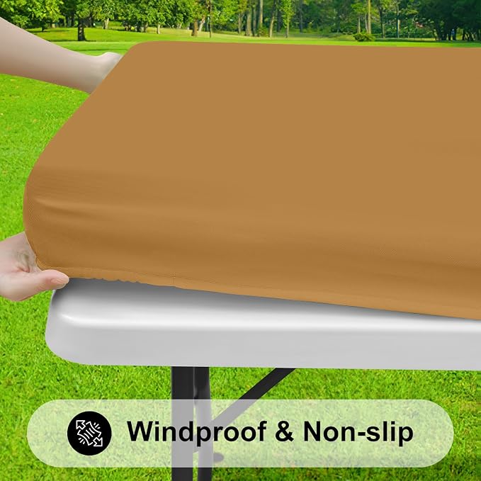 Smiry Rectangle Tablecloth, Elastic Fitted Flannel Backed Vinyl Tablecloths for 8ft Folding Tables, Waterproof Wipeable Table Covers for Indoor, Outdoor, Picnic and Camping (Camel, 30"x96")