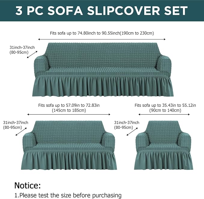 Fanfanwin 3 Pcs Sofa Slipcover Set for Couch Cushion Durable Washable High Elastic Stretchable Furniture Couch Covers with Skirt for Sofa Loveseat Arm Chair (Sage,Seersucker)