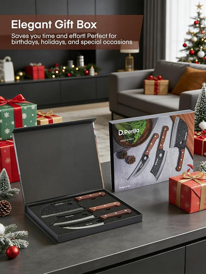 D.Perlla Butcher Knife set 3PCS Chef Knife Set for Meat Cutting, Serbian Chef Knives Set and Viking Knife with Wooden Handle, Cleaver knive Set for Outdoor BBQ and Camping with Gift Box