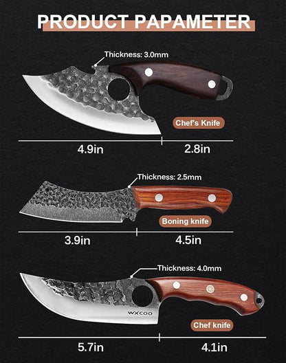 Hand Forged 3-Piece Knife Set High Carbon SteelKitchen Knives Meat Boning Cleaver Cheese Knife Professional Butcher Hunting Fish Fruit Viking Knife with Sheath for Hiking, Camping, Fishing, BBQ