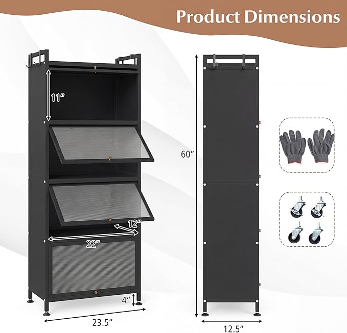 Giantex 5-Tier Kitchen Storage Cabinet, Mobile Microwave Stand with Flip-up PC Doors, Freestanding Kitchen Bakers Rack with 4 Rolling Casters, for Dining Room, Living Room and Study, Black