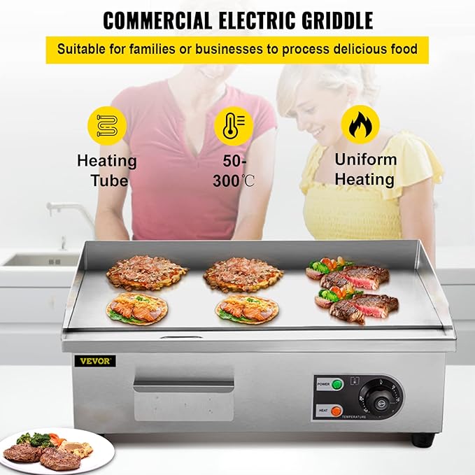 VEVOR Commercial Electric Griddle, 18" Teppanyaki Grill, 1600W Electric Flat Top Grill, Stainless Steel Electric Countertop Griddle w/Drip Hole, 50-300℃ Countertop Griddle for Pancake (No Plug)