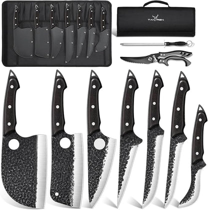 TAN REN 7PCS BBQ Knife Set, Professional Butcher Knives for Meat Cutting, Hand Forged Serbian Chef Knife, Viking, Boning, Skinning Knives & Poultry Shears, Idea Gift for Men Kitchen Outdoor Cooking
