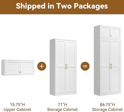 Polup Kitchen Pantry Cabinet, 86 Inch Tall Metal Storage Cabinet, Metal Pantry cabinets with Doors and Shelves, White Storage Cabinets for Living, Dining, Office, Bathroom, Garage, Assembly Required
