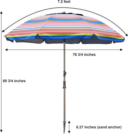 Blissun 7.2' Beach Umbrella with Sand Anchor, Outdoor Portable Beach Umbrella for Sand with Tilt Pole, Carry Bag, Air Vent