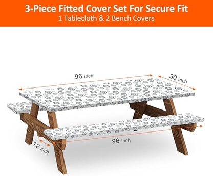 8ft Picnic Table and Bench Cover, Camping Essentials RV Gear, 96 in Waterproof Windproof Outdoor Elastic All Around Tablecloth, Fitted Rectangle Tables and Seats, Blue Flywheel
