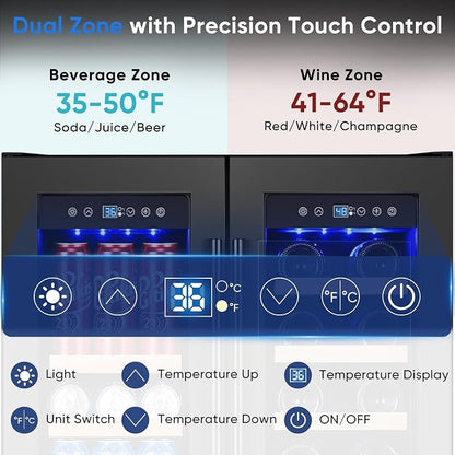 24 Inch Built-in Wine and Beverage Refrigerator Dual Zone | Under Counter Wine Fridge with Glass Door, Digital Touch Panel with °C/°F Switch, Low Noise Cooling for Kitchen, Home Use