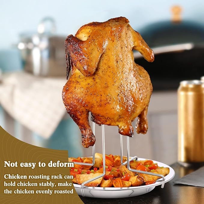 6 Pack Beer Can Chicken Holder Stainless Steel Chicken Roaster Rack Whole Chicken Roaster Stand with Pan Beer Butt Vertical Chicken Stand for Grill Oven Smoker Camping Home BBQ