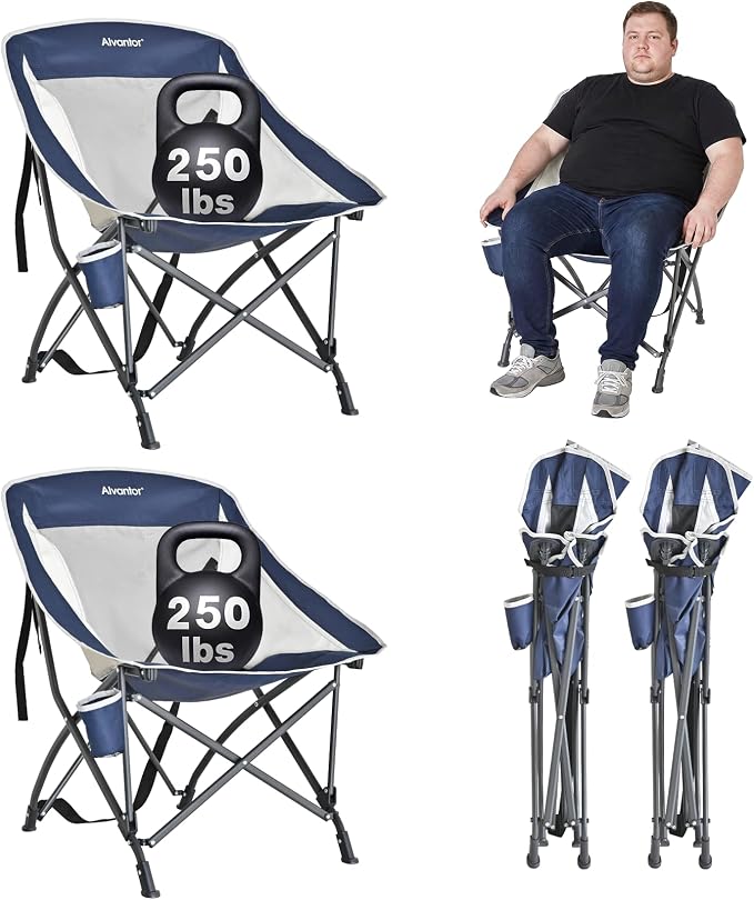 Alvantor 2PC Folding Camping Chair with Breathable Mesh,Portable Outdoor Chair for Adults, Heavy Duty Steel Frame Supports 250 lbs,Built-in Cup Holder,Carry Strap for Camping Beach Sports Tailgating