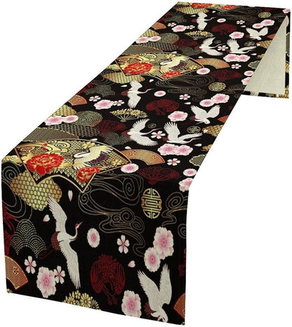 Vintage Oriental Cranes Table Runner Chinese Japanese Cherry Peony Flowers Spring Seasonal Holiday Dinner Runner for Wedding Party Kitchen Dining Decor 13x70in