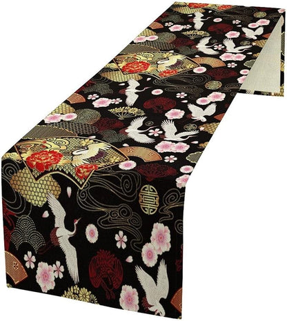 Vintage Oriental Cranes Table Runner Chinese Japanese Cherry Peony Flowers Spring Seasonal Holiday Dinner Runner for Wedding Party Kitchen Dining Decor 13x36in
