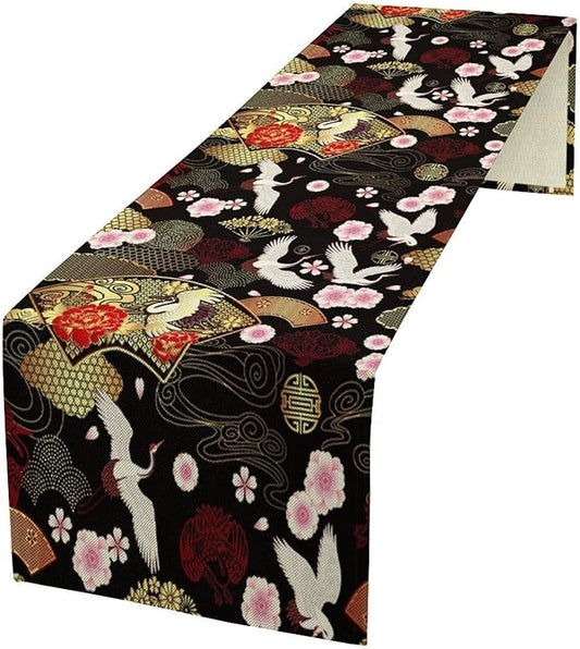 Vintage Oriental Cranes Table Runner Chinese Japanese Cherry Peony Flowers Spring Seasonal Holiday Dinner Runner for Wedding Party Kitchen Dining Decor 13x36in