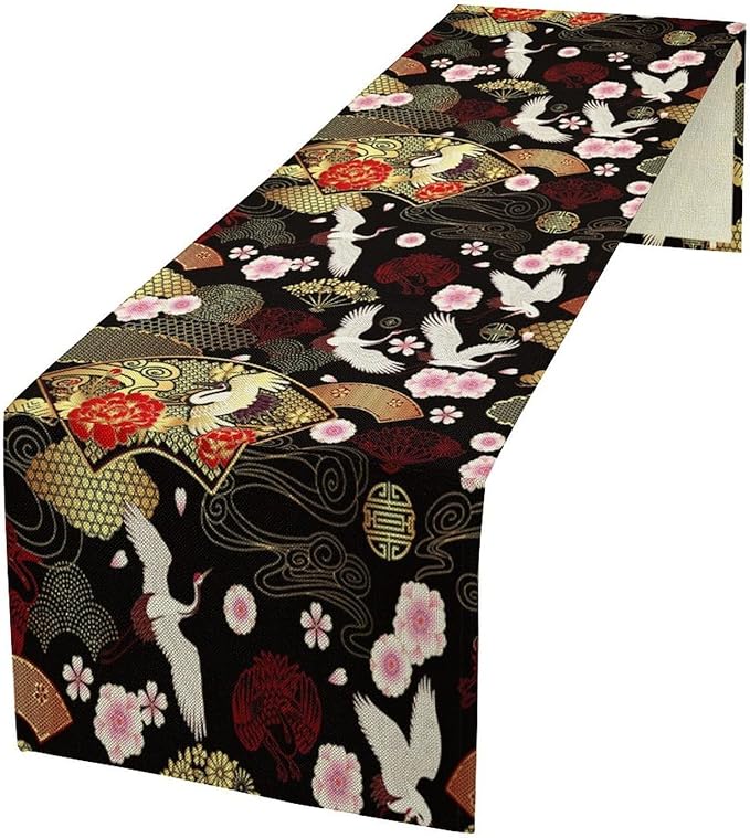 Vintage Oriental Cranes Table Runner Chinese Japanese Cherry Peony Flowers Spring Seasonal Holiday Dinner Runner for Wedding Party Kitchen Dining Decor 13x90in