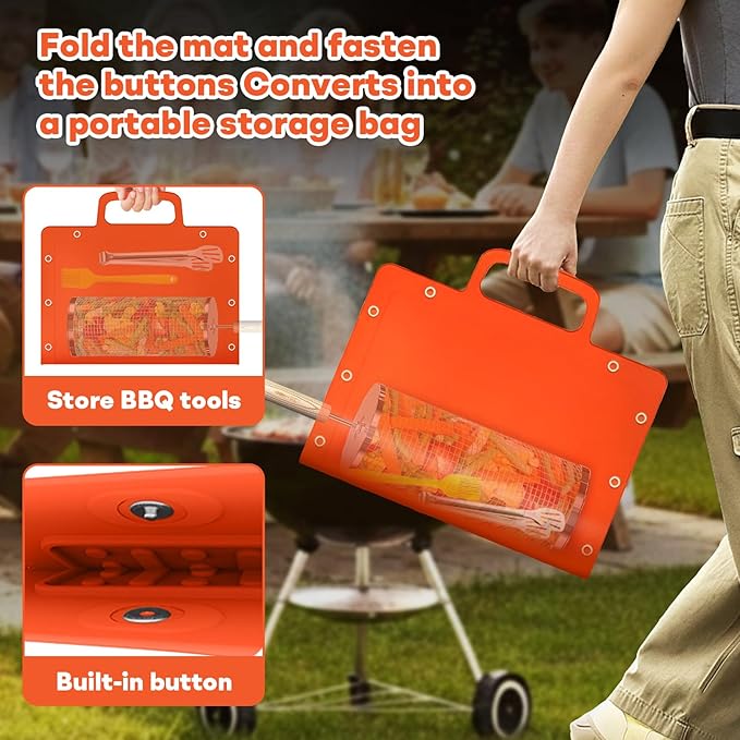 Portable Outdoor Silicone Grill Mat, Foldable Heat-Resistant Table Mat & BBQ Side Shelf Tool Pad with Snap Buttons, Converts into Storage Bag for Utensils and Food, Food-Grade, Non-Slip(Orange)