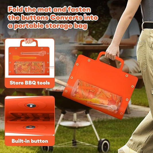 Portable Outdoor Silicone Grill Mat, Foldable Heat-Resistant Table Mat & BBQ Side Shelf Tool Pad with Snap Buttons, Converts into Storage Bag for Utensils and Food, Food-Grade, Non-Slip(Orange)
