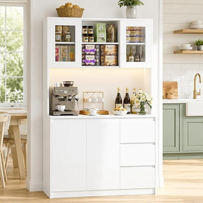 71" Kitchen Pantry Cabinet,Tall Storage Cabinet with Charging Station | Kitchen Storage Hutch with Microwave Shelf,Coffee Bar,Led Lights & Shelves Adjustable,Corner Pantry Cabinet for Living Room