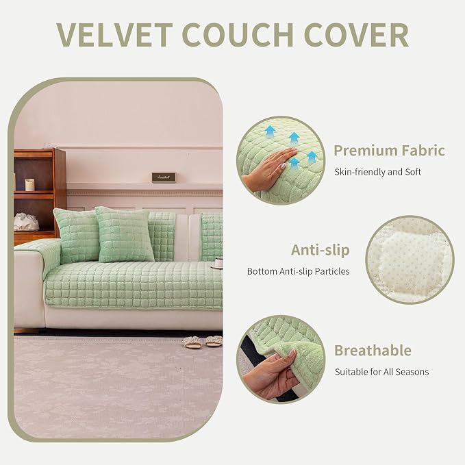 Velvet Couch Cover, Plush Sectional Sofa Cover Washable, Anti Slip Sofa Slipcover for 3-4 Cushions Sofas, Furniture Protector Covers for Pets & Kids(1PC,Sage Green,36"×83")