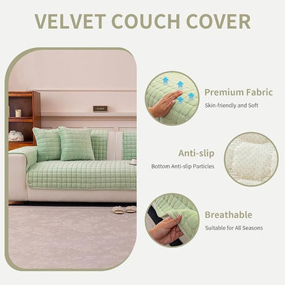 Velvet Couch Cover, Plush Sectional Sofa Cover Washable, Anti Slip Sofa Slipcover for 3-4 Cushions Sofas, Furniture Protector Covers for Pets & Kids(1PC,Sage Green,36"×83")