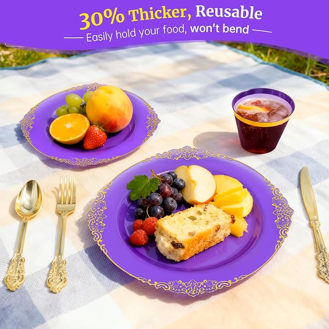 AIRE 350PCS Purple Gold Plastic Plates for Party Dinnerware Sets for 50 Guests, Vintage Disposable Plastic Party Plates Cups Spoons Forks Knives Napkins for Wedding Birthday Christmas BBQ Parties