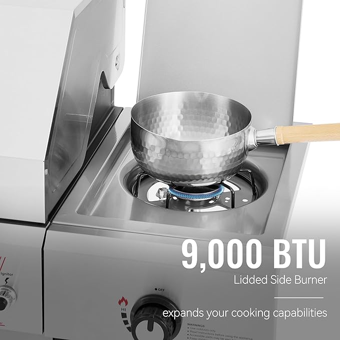 Stainless steel pot on a portable stove with 9,000 BTU label