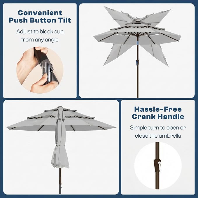 10ft 3 Tier Patio Umbrella, Outdoor Market Table Umbrella with UPF 50+ Vented Canopy, 8 Sturdy Ribs, Easy Push Button Tilt and Crank, Windproof for Deck, Pool, Backyard and Garden