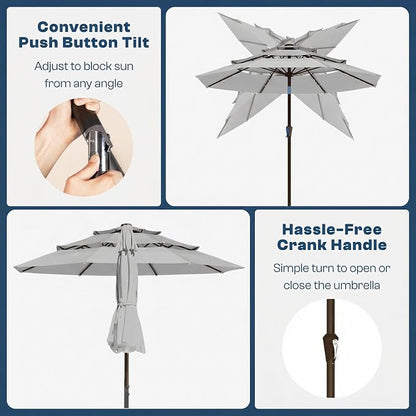 10ft 3 Tier Patio Umbrella, Outdoor Market Table Umbrella with UPF 50+ Vented Canopy, 8 Sturdy Ribs, Easy Push Button Tilt and Crank, Windproof for Deck, Pool, Backyard and Garden