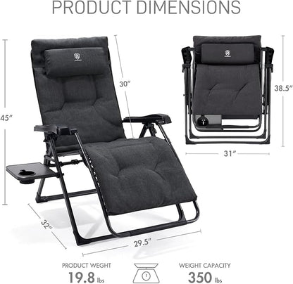 EVER ADVANCED Aluminum Zero Gravity Chair Oversized, 2.4" Thick Padded Reclining Lounge Chair with Adjustable Headrest & Side Table, Heavy Duty Support 350 lbs, Foldable for Outdoor & Indoor, Black