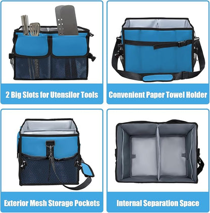 Large Grill Caddy with Paper Towel Holder - BBQ Caddy Organizer for Utensil, Condiment - Easy Carry Picnic Bag - Griddle Bag for Camping, Travel, RV - 600D Waterproof Oxford Fabric, Blue