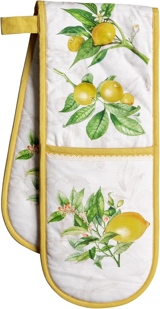 Maison d' Hermine Double Oven Mitts 100% Cotton 7"x35" Double Oven Mitt Heat Resistant BBQ Cooking Gloves with Loop Baking Grilling Kitchen Hotel Home Farmhouse Spring Summer (Limoncello)