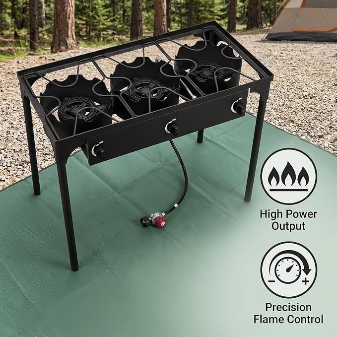 3-Burner Outdoor Cooker, 225,000 BTU High Pressure Cast Iron Burner for Camping and Backyard, Detachable Legs, Adjustabl