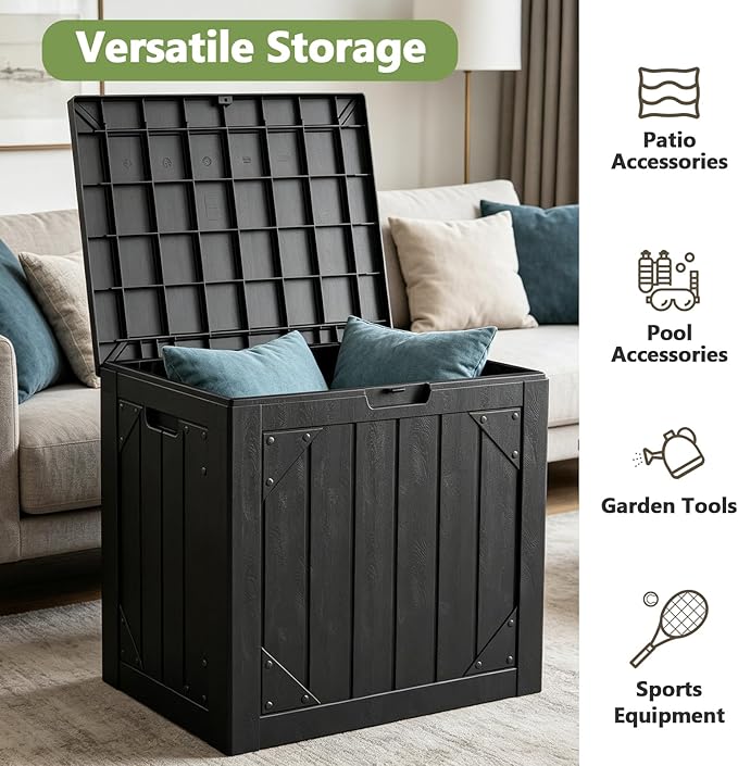 31 Gallon Outdoor Deck Box 4 Pack, Waterproof Resin Patio Storage Boxes with Lockable Lid, Small Outdoor Storage for Cushions, Accessories, Garden Tools, Indoor Outdoor Organizer, Black