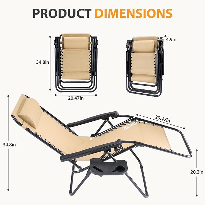 NEWBULIG Zero Gravity Chairs Set of 2, Folding Lounge Chair, Khaki | Portable Lawn Camping Recliner with Adjustable Pollow, Mesh Back, Cup Holder Trays for Pool Beach Patio