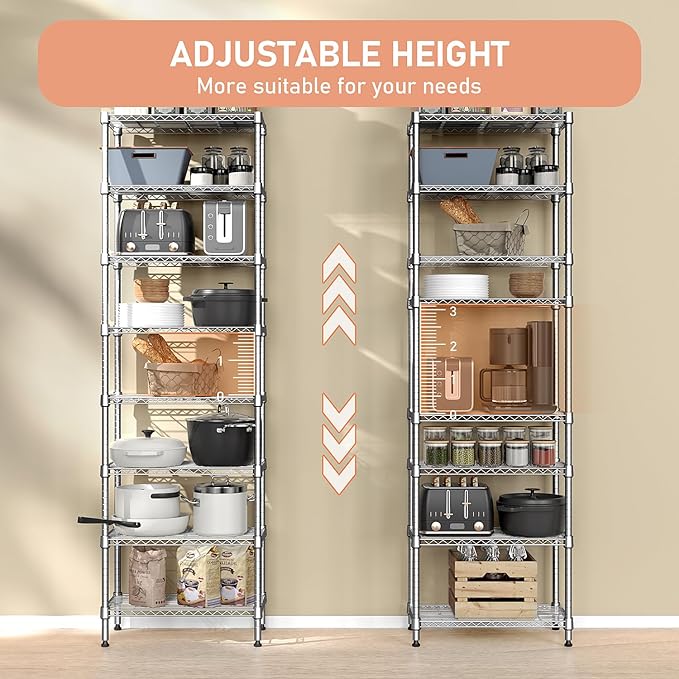 M MZG 8 Tier 2000 lbs Storage Rack Metal Wire Shelving Unit, Storage Standing Shelf Organizer for Laundry Bathroom Kitchen Pantry Closet Garage Utility Room, Chrome 13.8" D x 23.6" W x 79.5" H