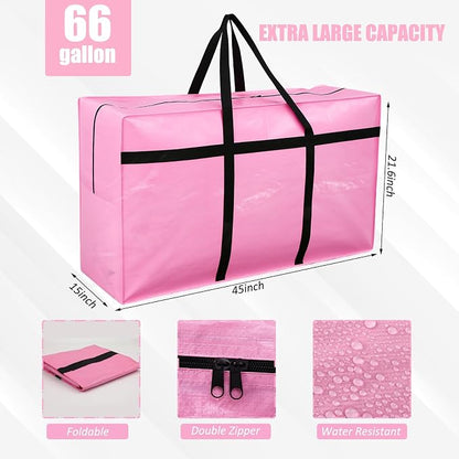 4 Pcs 66 Gallon Extra Large Moving Bags Heavy Duty Storage Bag with Strong Zipper Handle Foldable XXL Jumbo Storage Tote Packing Moving Box for College Dorm Travel Cloth Duffle (Pink)