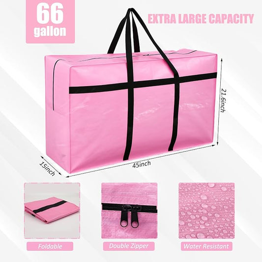 4 Pcs 66 Gallon Extra Large Moving Bags Heavy Duty Storage Bag with Strong Zipper Handle Foldable XXL Jumbo Storage Tote Packing Moving Box for College Dorm Travel Cloth Duffle (Pink)