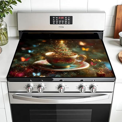 Christmas Multi-Design Stove Cover for Glass/Electric Stoves - 3-in-1 Heat-Resistant Protector Mat, Non-Slip Drying Rack 28"x20"