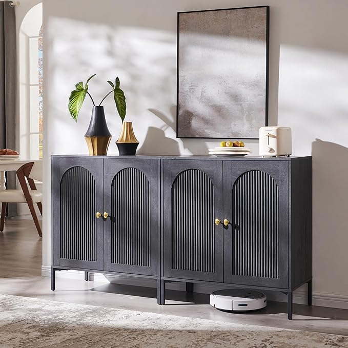 IFBUY Modern Sideboard Buffet Cabinet, 61.75" W Fluted Arched Buffet Cabinet with Storage and Adjustable Shelves, Wooden Modular Coffee Bar Cabinets for Kitchen, Entryway, Dark Grey