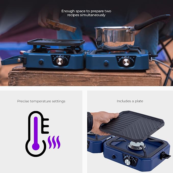 2-Burner Foldable Cetro Camping Stove CFBM PF-1921 with Griddle Portable Propane Camp Stove with 2 Adjustable Burners Piezo Ignition
