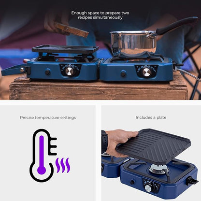 2-Burner Foldable Cetro Camping Stove CFBM PF-1921 with Griddle Portable Propane Camp Stove with 2 Adjustable Burners Piezo Ignition