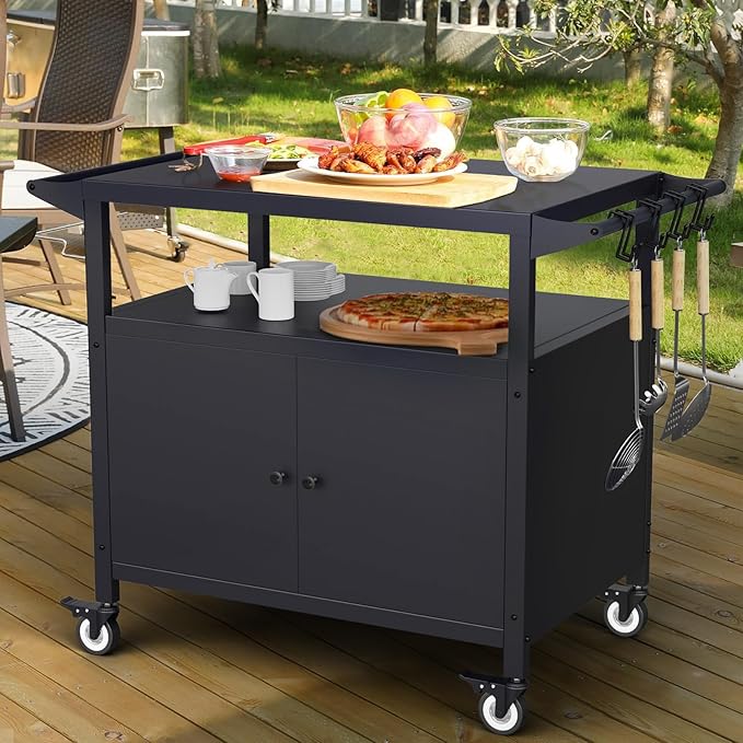 Outdoor Grill Table with Storage, Movable Grill Cart, Outdoor Kitchen Island Prep Stand Station,Blackstone Griddle Stand, BBQ Serving Cart Rolling Bar Cart with 4 Utensil Hooks 1